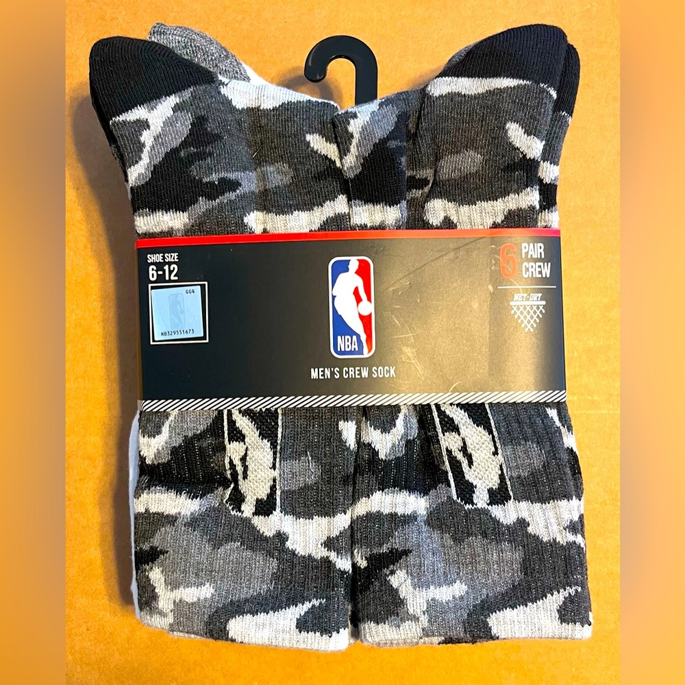 NBA Logo Basketball Men Crew Socks 6 Pairs-Gray Camo White Black - Size 6-12-NEW
